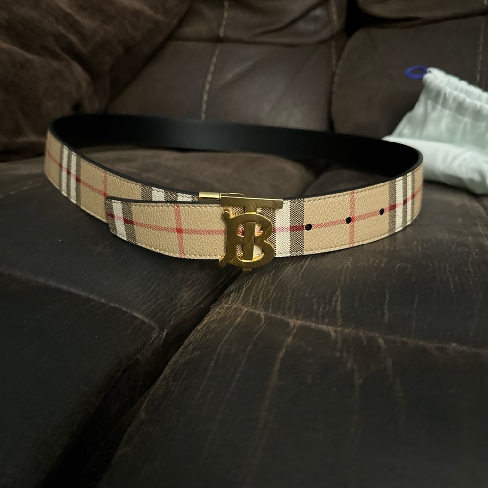 Beige Plaid Belt with Gold Buckle